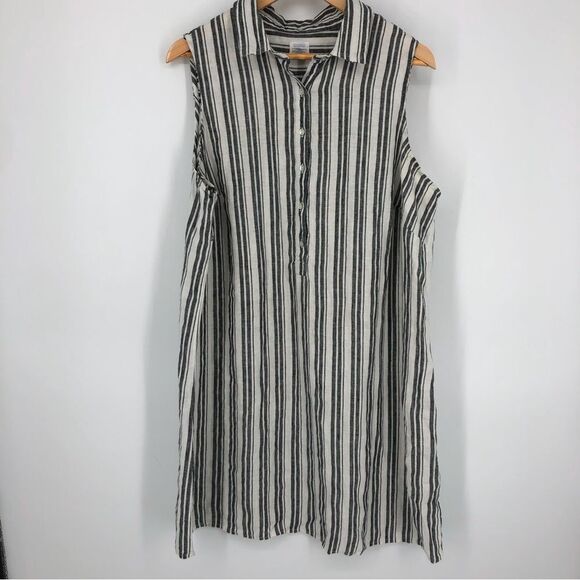 Sigrid Olsen Shirt Dress Womens 1X 100% Linen Henley Buttons Sleeveless Striped - Picture 1 of 12